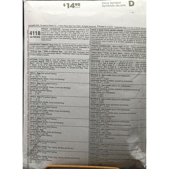 UNCUT Vintage McCalls Fashion Accessories Handbag Sewing Pattern 4118 - Picture 2 of 2